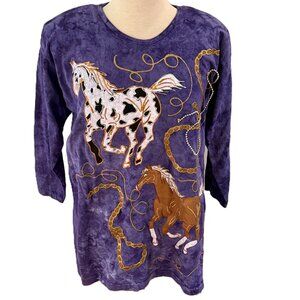 Hand Puff Painted Horse Top OS Purple 90s T Shirt Cottagecore Western Ranch USA
